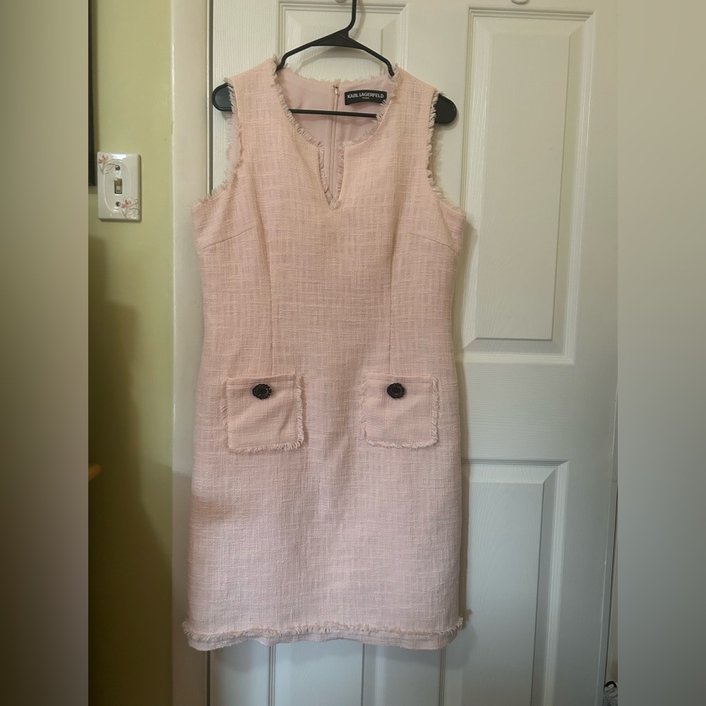 Karl Lagerfeld Pink Tweed Sleeveless Sheath Dress With Decorative Pockets